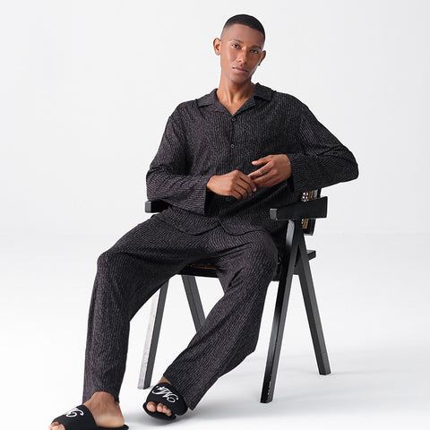 Men’s Modal Pajama Set – Long Sleeve Black Striped Sleepwear & Loungewear