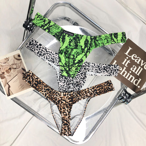 Men's Breathable Nylon Thong Underwear - Sexy Low-Rise U-Pouch T-Back Design with Leopard Print for Comfort & Style