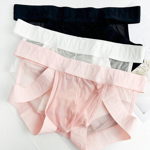 Breathable Mesh Men's Low-Rise Briefs – Transparent Sheer Underwear with Supportive Pouch, Quick-Dry Comfort for Daily Wear