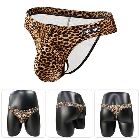 Men's Breathable Nylon Thong Underwear - Sexy Low-Rise U-Pouch T-Back Design with Leopard Print for Comfort & Style