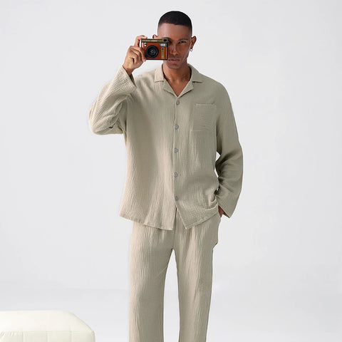 Men’s Cotton Gauze Pajama Set – Soft Antibacterial Sleepwear, Lightweight Long-Sleeve Loungewear
