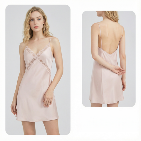 100% Mulberry Silk Nightgown - Sexy Backless Slip Dress - 16 Momme Luxury Sleepwear for Women